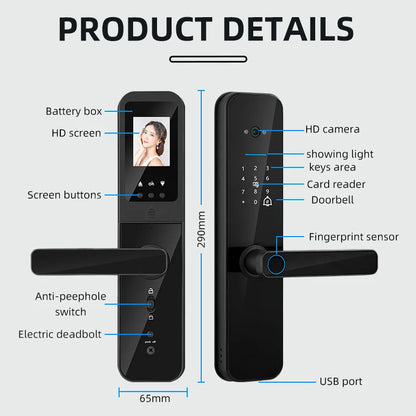 XSDTS Tuya Wifi Digital Smart Door Lock Biometric Fingerprint Unlock With Camera