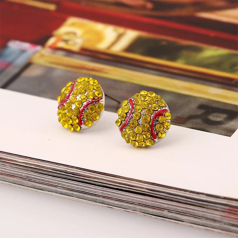 Sport Basketball Volleyball Stud Earrings for Women Bling Baseball Softball Earrings Rhinestone Crystal Ear Jewelry
