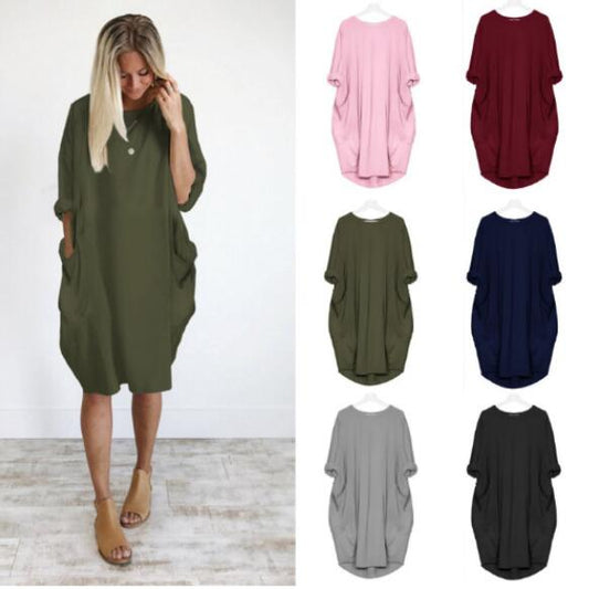 Women Casual Loose Dress With Pocket Ladies Fashion O Neck Long Tops Female T Shirt Dress Streetwear Plus Size 6XL Vestidos