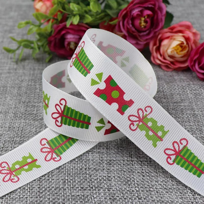 25mm 5 Yards Christmas Ribbon Printed Grosgrain Ribbon for Christmas Decoration Gift Wrapping Wedding Party DIY Hair Bows