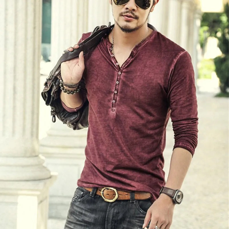 Men's Cotton V-Neck Long Sleeve Button Shirt Casual 5XL
