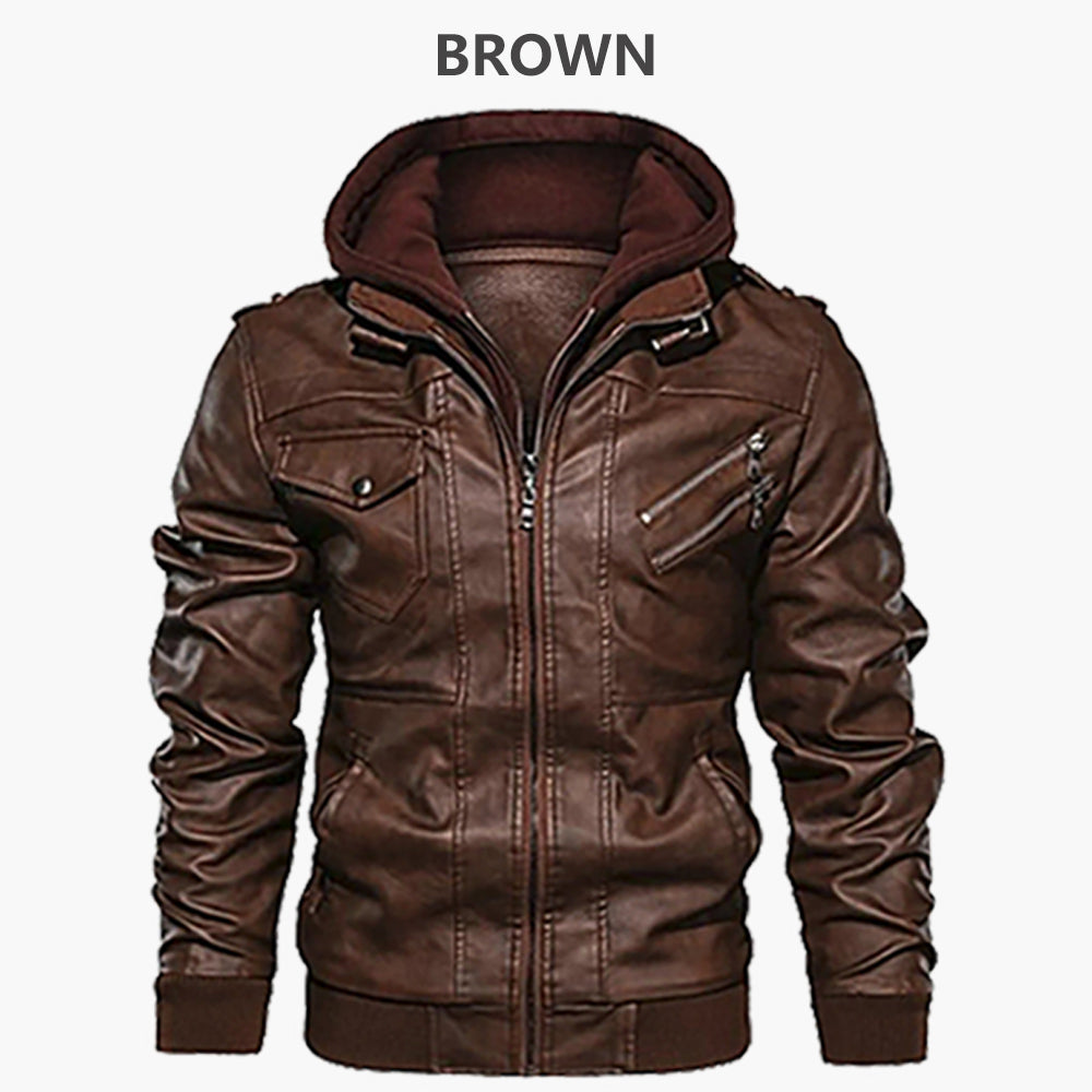Autumn/Winter Men's Hooded PU Waterproof Leather Jacket Large Size Casual Leather Hiking Clothing Trend Young Motorcycle Wear