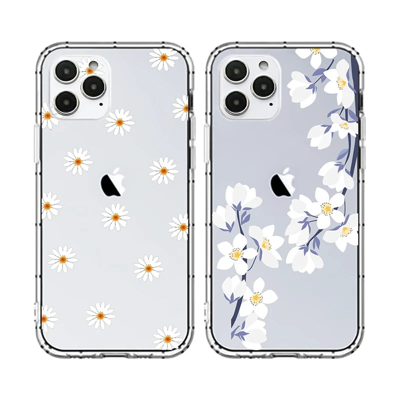 Clear Daisy Floral Printed TPU Phone Case for iPhone 15 Pro Max Shockproof 16 17