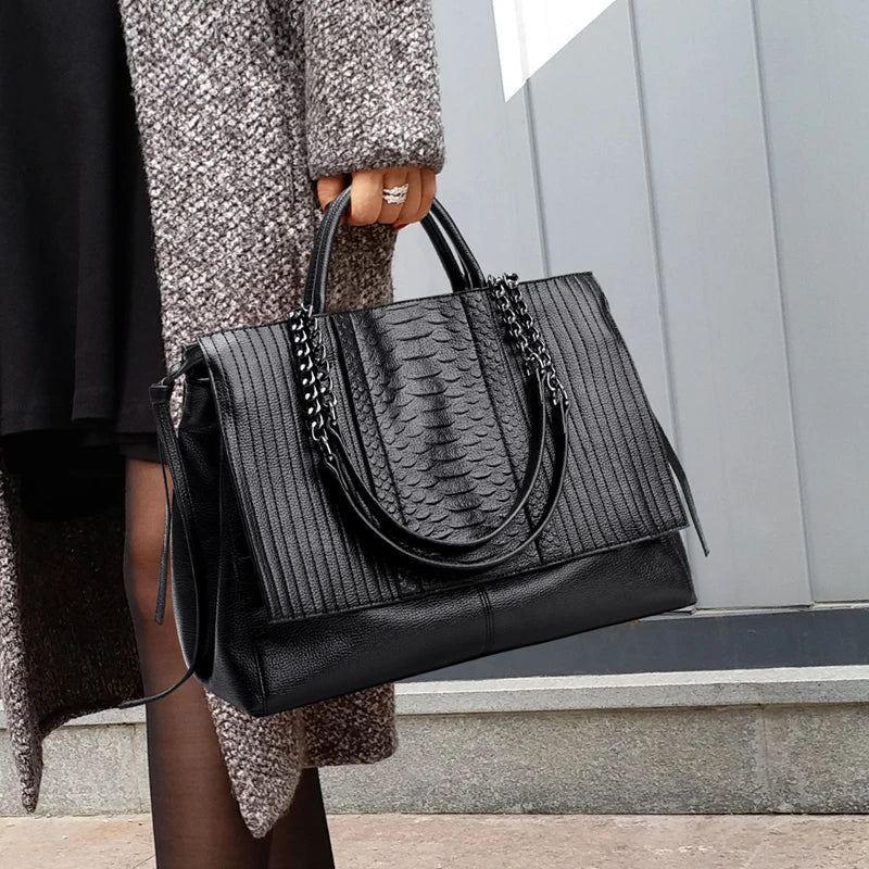 NIGEDU Brand Design Women Handbag Luxury Simple Crocodile Leather Handbags Chain Women's Shoulder Bag Black Big Totes Bolsas