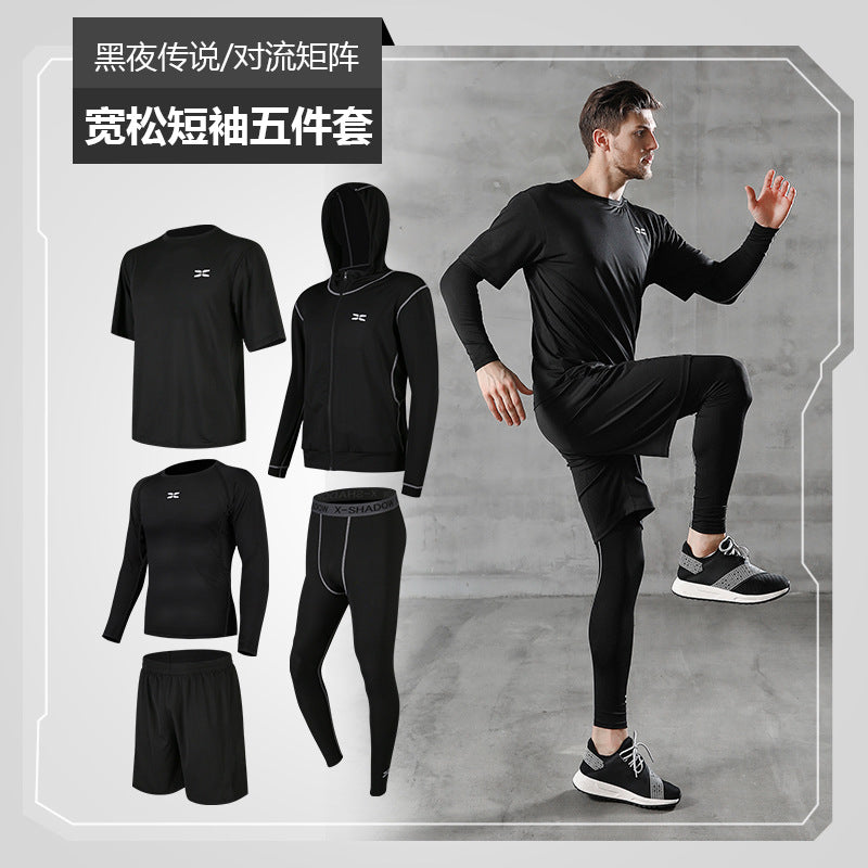 Dropshipping 5 Piece Men Workout Clothes Fitness Set Man Gym Basketball Sports Training Suit Wear