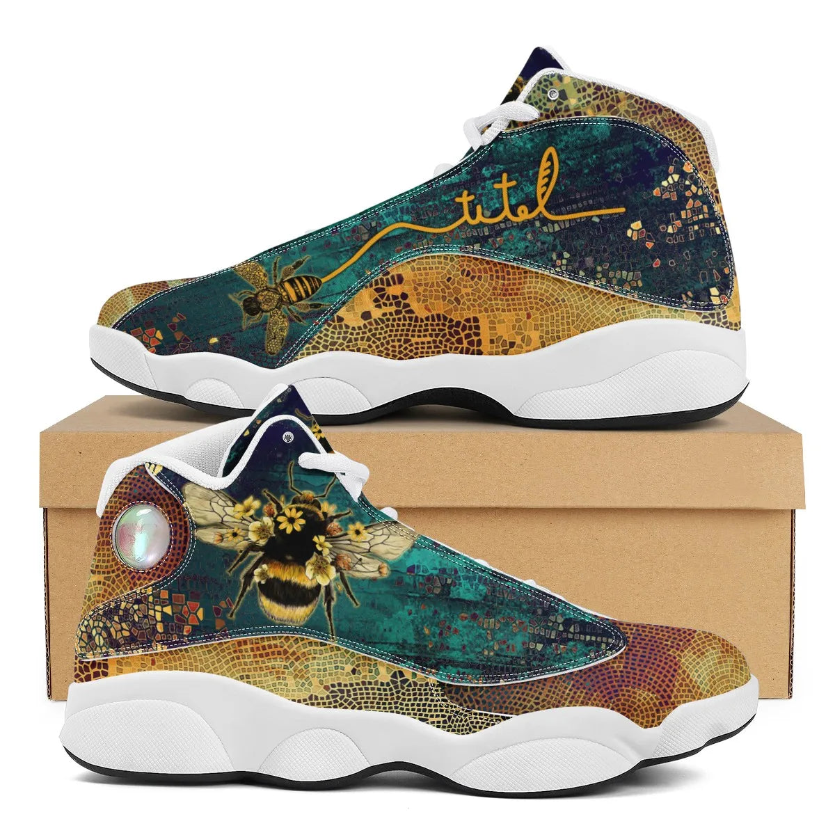 Custom Bumblebee Printed Honeycomb Design Winter Waterproof Basketball Shoes Men Cushioning Sneakers Basketball Style