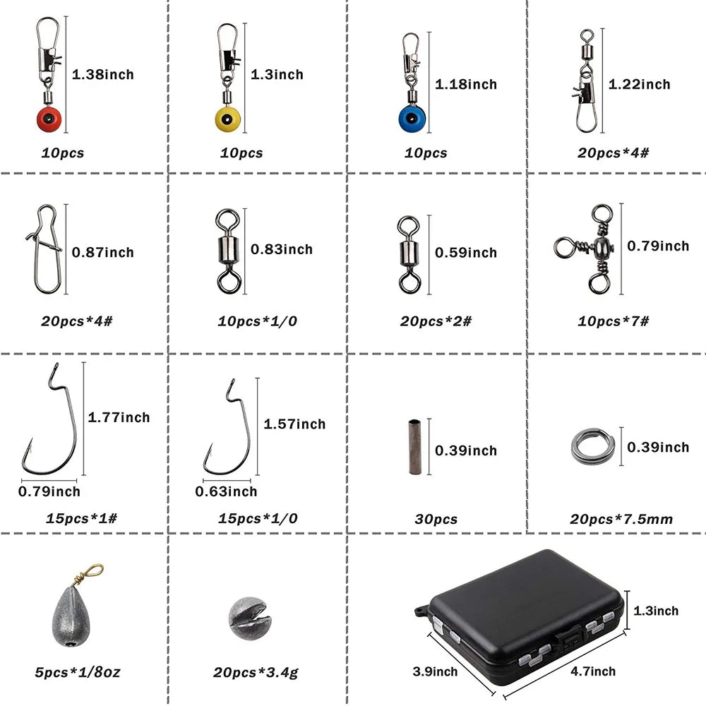 245Pcs/Box Fishing Accessories Kit Including Fishing Hooks Beads Swivels Snap Sinker Weight Fishing Terminal Tackle