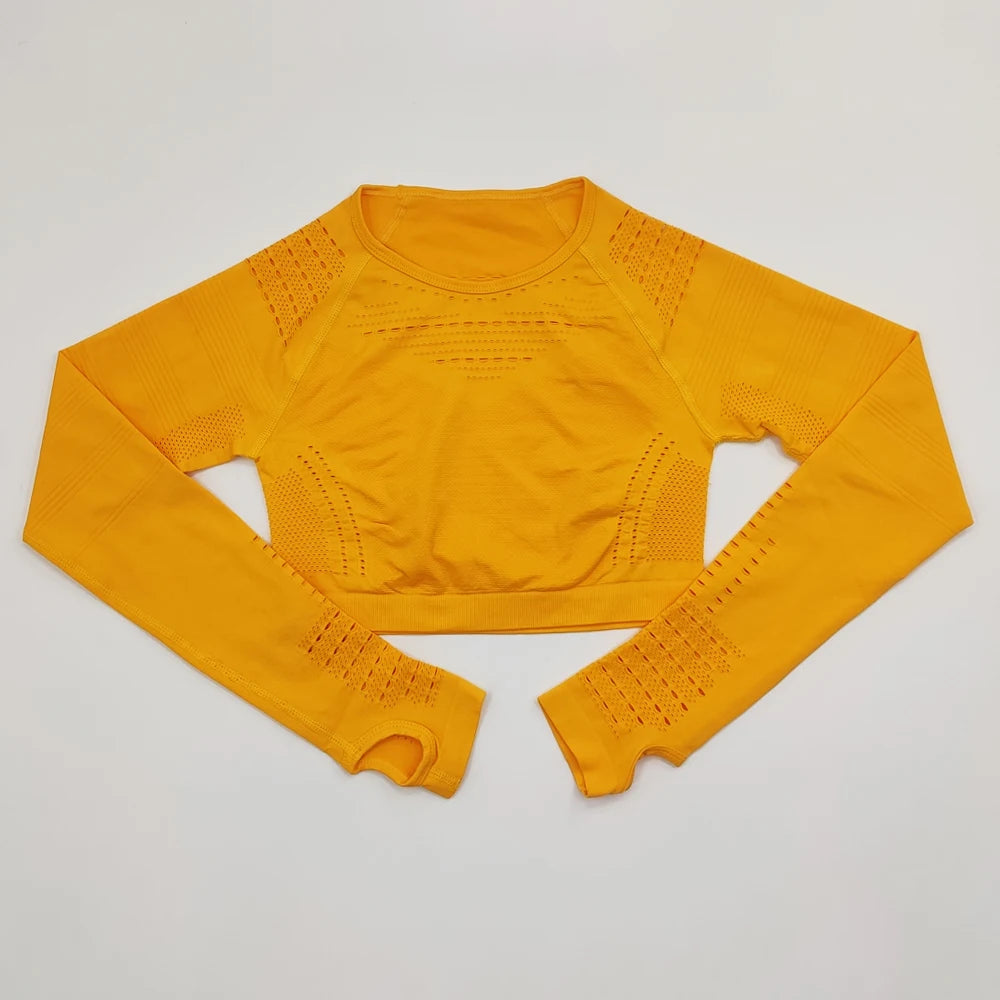2021 New Women's Fitness T-Shirt Sport Crop Top Long Sleeve Layer Crew Neck Power Stretch  Yoga Crop Top Sexy Gym Clothing