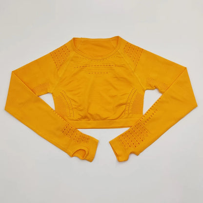 2021 New Women's Fitness T-Shirt Sport Crop Top Long Sleeve Layer Crew Neck Power Stretch  Yoga Crop Top Sexy Gym Clothing