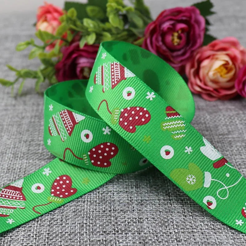 25mm 5 Yards Christmas Ribbon Printed Grosgrain Ribbon for Christmas Decoration Gift Wrapping Wedding Party DIY Hair Bows