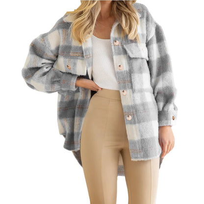 2024 Autumn and Winter New Women's Clothing Europe and the United States Trend Checkered Mohair Coat Wool Thick Coat