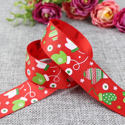 25mm 5 Yards Christmas Ribbon Printed Grosgrain Ribbon for Christmas Decoration Gift Wrapping Wedding Party DIY Hair Bows
