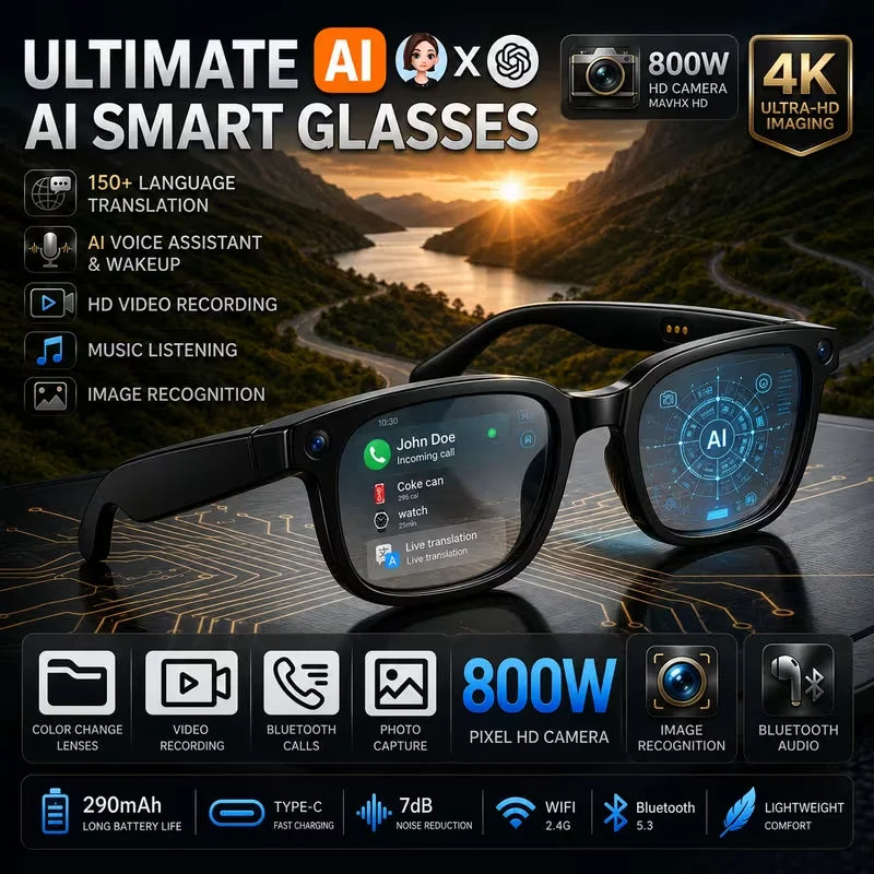 AI Smart Glasses with 8MP Camera and Real-Time Translation