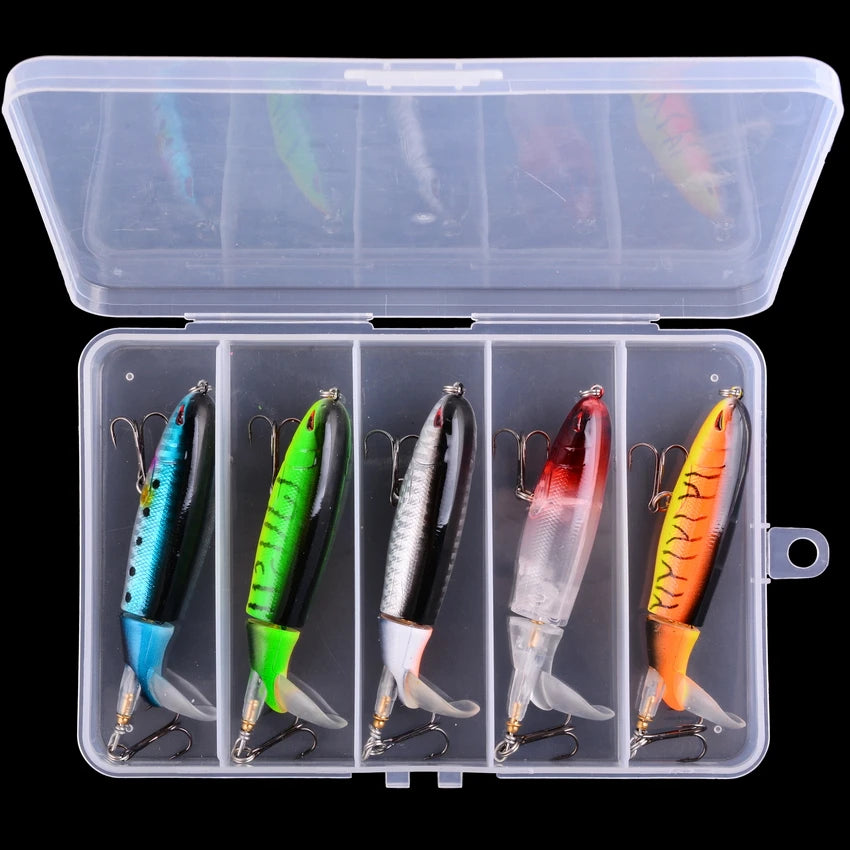 5pcs/Box 100mm Floating Popper Fishing Lure Set Artificial Hard Bait Lures Soft Rotating Tail Fishing Tackle Box