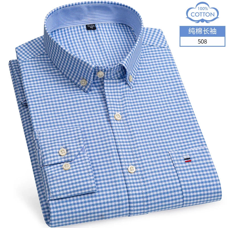 Men's Cotton Oxford Plaid Long Sleeve Casual Shirt with Pocket