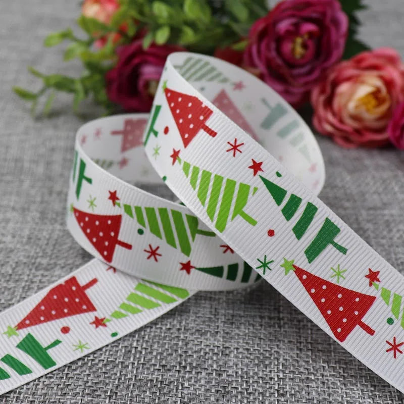 25mm 5 Yards Christmas Ribbon Printed Grosgrain Ribbon for Christmas Decoration Gift Wrapping Wedding Party DIY Hair Bows
