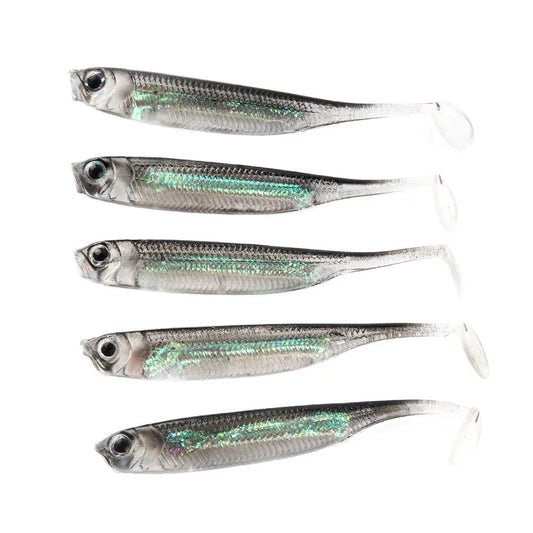 5Pcs/Lot Fishing Soft Bait 7CM 7.5CM 1.7G 2.3G 2.7G T Tail Fish Fishing Lures Rainbow Color Sequin Swing Fishing Spinner Bait