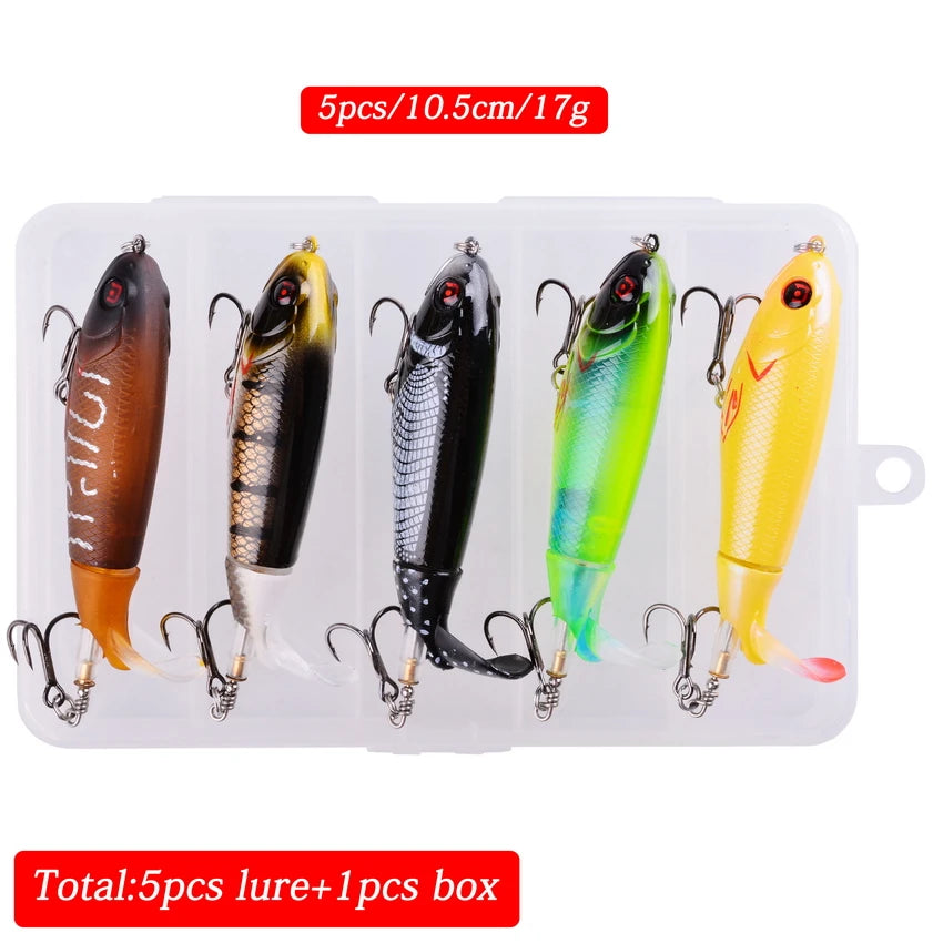 5pcs/Box 100mm Floating Popper Fishing Lure Set Artificial Hard Bait Lures Soft Rotating Tail Fishing Tackle Box
