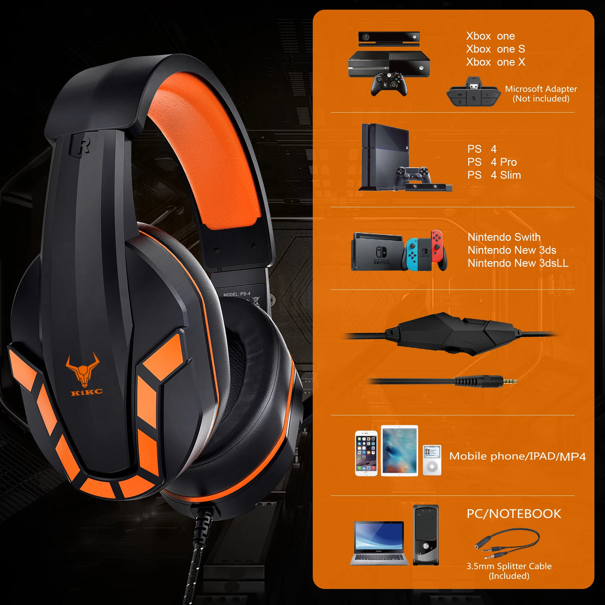 KIKC Ps4 Ps5 Pc Steel Series Red Gear Splitter Gaming Headset or Headphones With Mic for Mobile