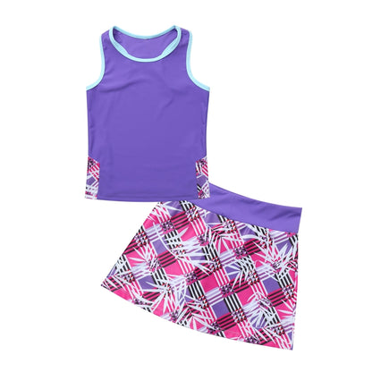 2Pcs Kids Sleeveless Top and Skirt Set Girls Tennis Suit for Running Gym Tennis Golf Sportswear