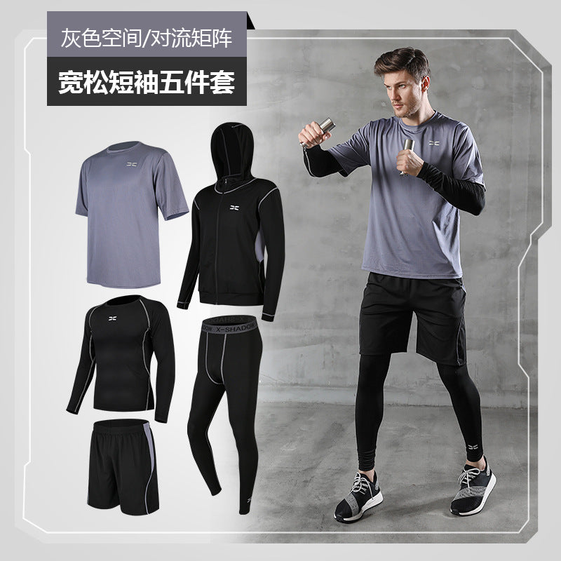 Dropshipping 5 Piece Men Workout Clothes Fitness Set Man Gym Basketball Sports Training Suit Wear
