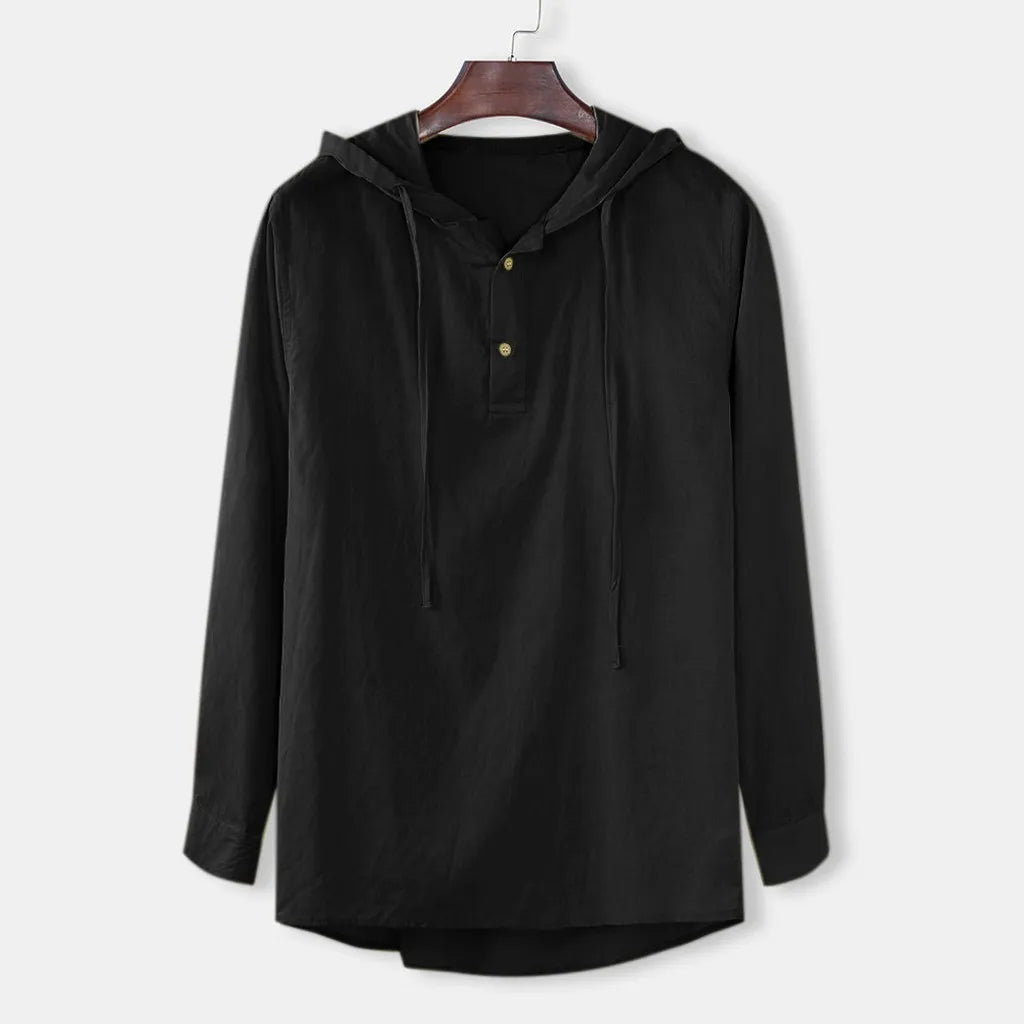 Men's Casual Cotton Linen Hooded Long Sleeve Shirt Plus Size