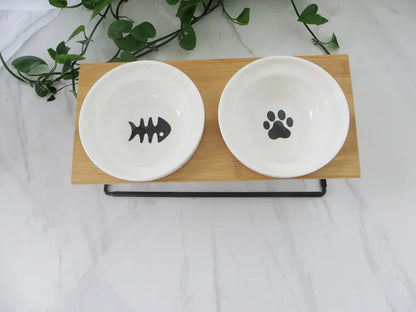 Cute Cat Bowl High-End Pet Bowl Bamboo Shelf Ceramic Feeding and Drinking Bowls for Dogs and Cats Pet Feeder Dog Double Bowls