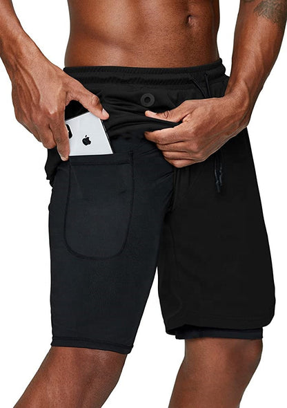 2 in 1 Gym Wear Cross Fit Shorts Mens Gym Workout Short Sports Running Shorts With Inner Phone Pocket Compression Gym Shorts
