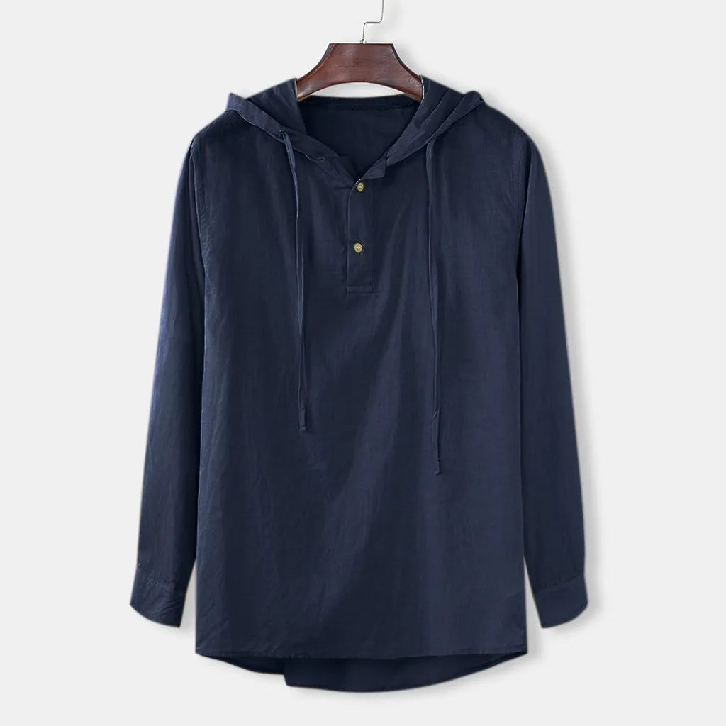 Men's Casual Cotton Linen Hooded Long Sleeve Shirt Plus Size