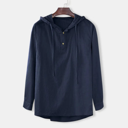 Men's Casual Cotton Linen Hooded Long Sleeve Shirt Plus Size