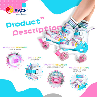 EACH Adjustable Quad Skates Flashing Roller Skate Shoes Price Roller Skates 4 Wheels for Kids Children Girls