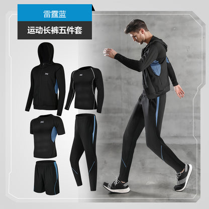 Dropshipping 5 Piece Men Workout Clothes Fitness Set Man Gym Basketball Sports Training Suit Wear