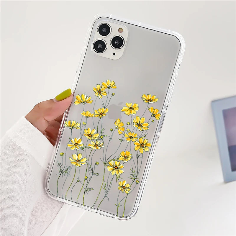 Clear Daisy Floral Printed TPU Phone Case for iPhone 15 Pro Max Shockproof 16 17