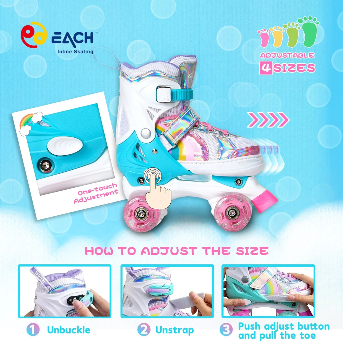 EACH Adjustable Quad Skates Flashing Roller Skate Shoes Price Roller Skates 4 Wheels for Kids Children Girls