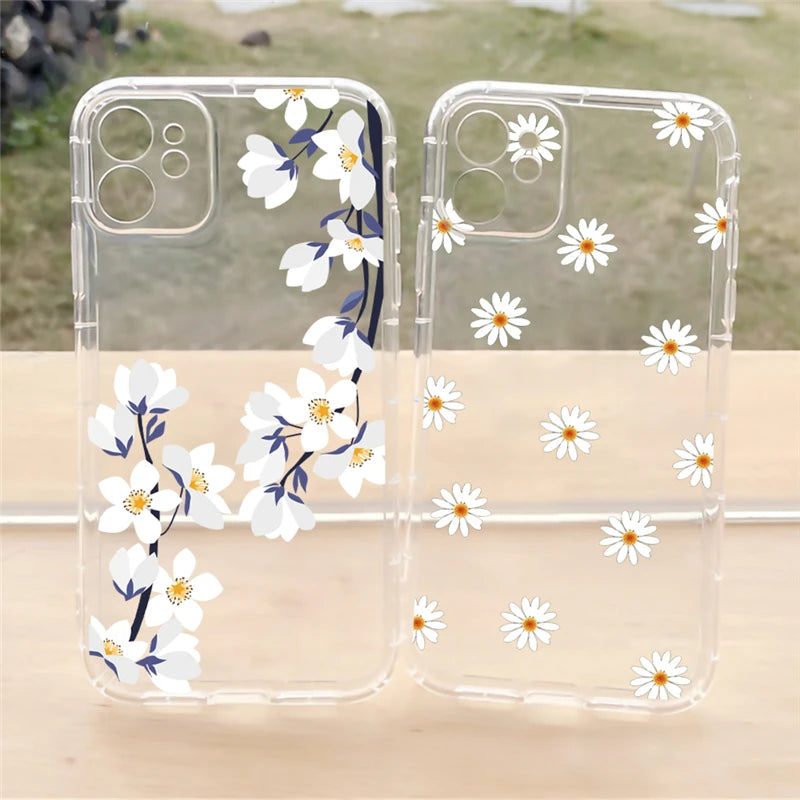 Clear Daisy Floral Printed TPU Phone Case for iPhone 15 Pro Max Shockproof 16 17