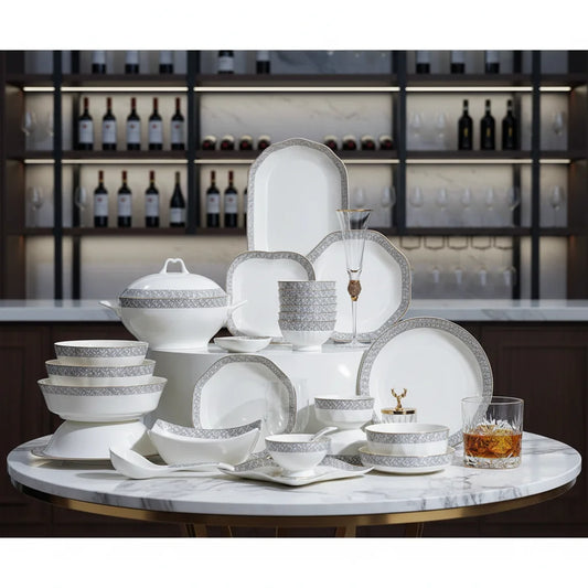 Glossy Fine Bone China Dinnerware Set Holiday Gifting Crokery Supplier Embossed Pattern Minimalist Style