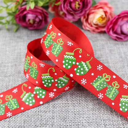 25mm 5 Yards Christmas Ribbon Printed Grosgrain Ribbon for Christmas Decoration Gift Wrapping Wedding Party DIY Hair Bows
