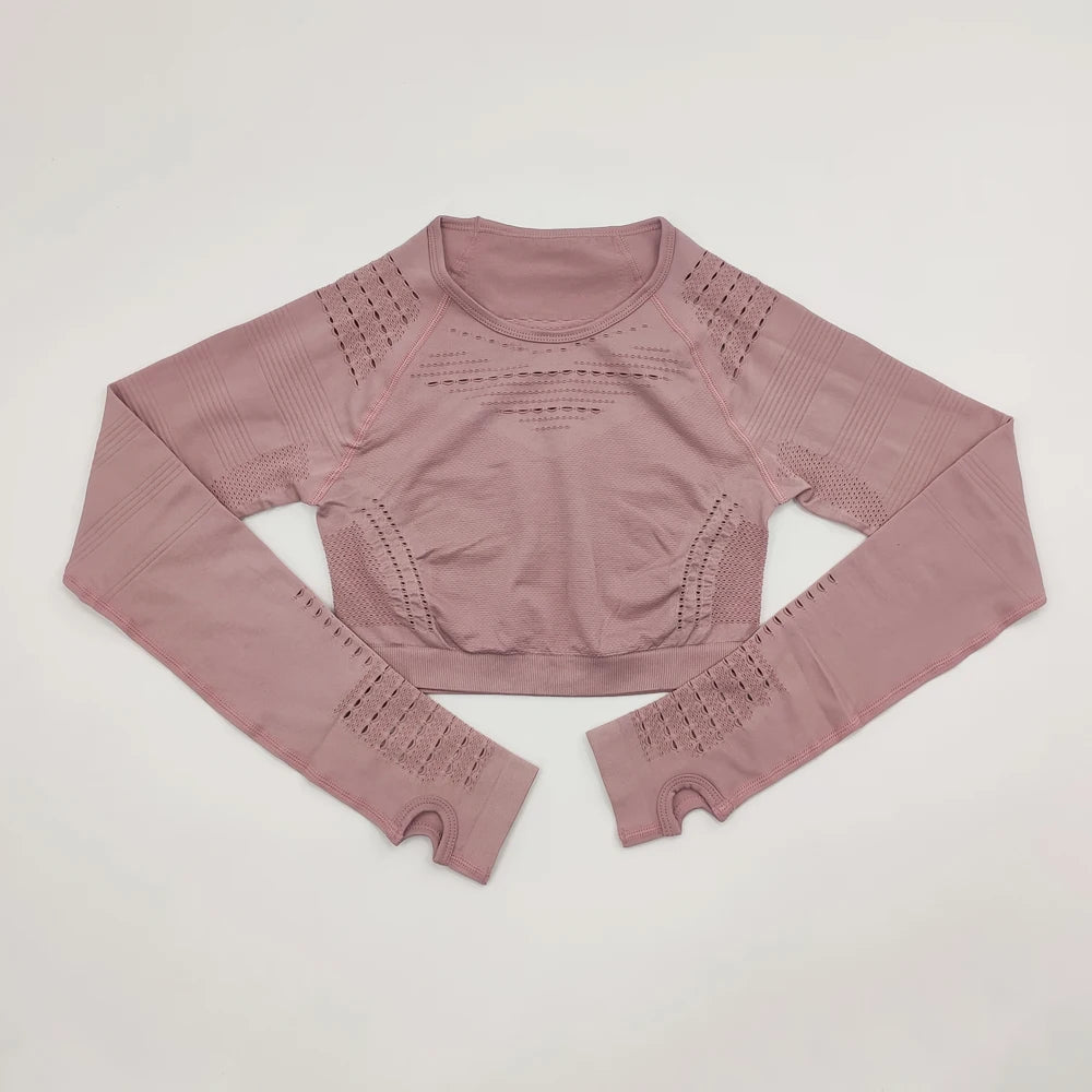 2021 New Women's Fitness T-Shirt Sport Crop Top Long Sleeve Layer Crew Neck Power Stretch  Yoga Crop Top Sexy Gym Clothing