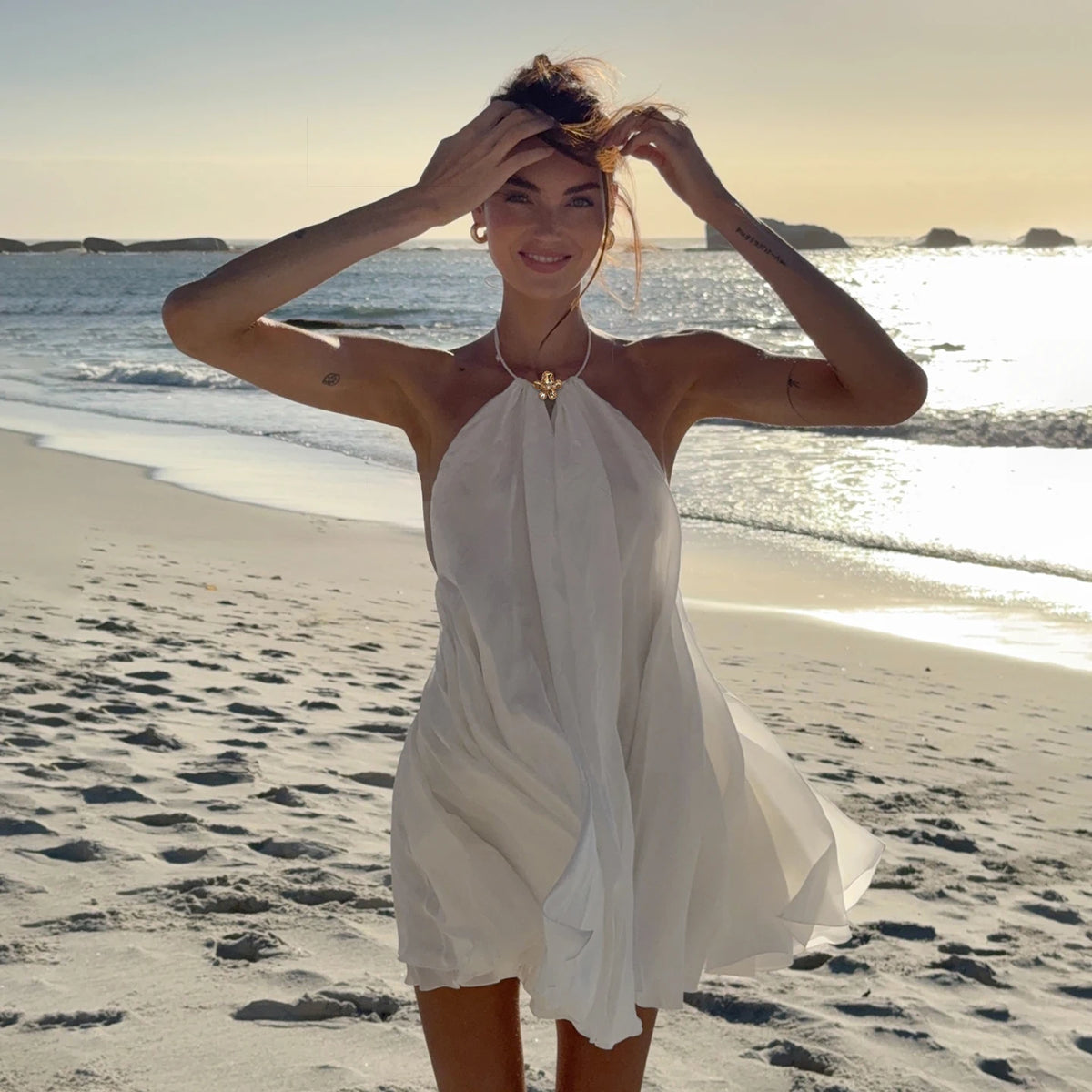 Women's White Woven Chiffon Eco-Friendly Backless