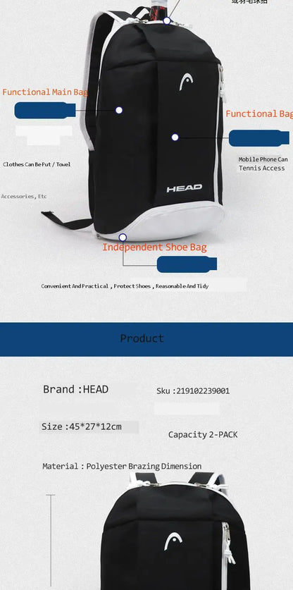 HEAD Tennis Backpack for 1-2 Rackets Unisex Polyester 45x27x12cm