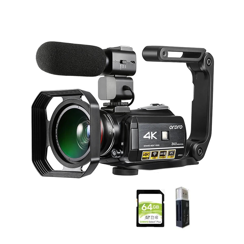 Video Camera 4K Digital Camcorder Professional, Ordro AC3 YouTube Blogger Vlog Cameras Filmadora With Microphone 64GB SD Card