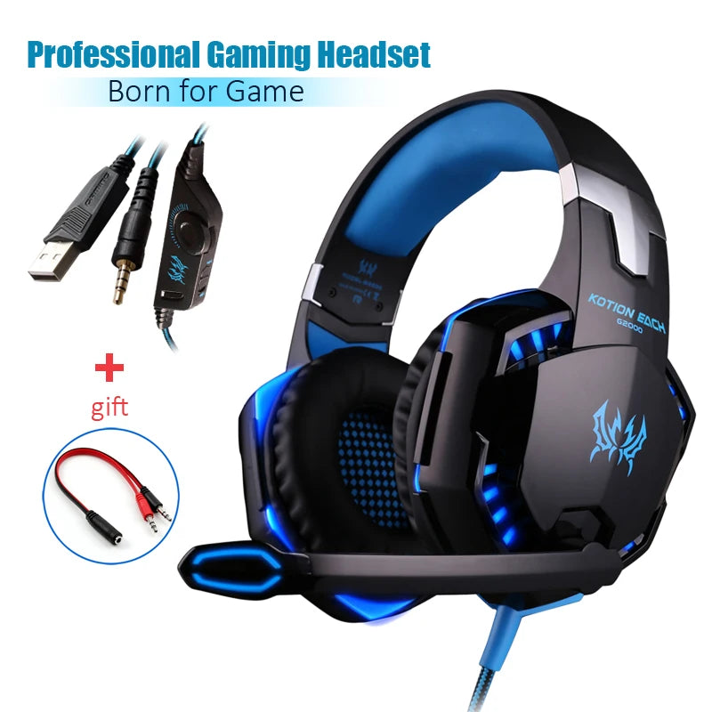 G2000 Gaming Headset Deep Bass Stereo Casque Wired Headphone Glowing Earphone With Microphone for PS5 PS4 XBOX PC Laptop