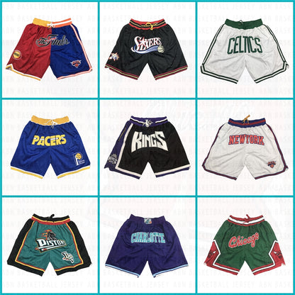Embroidery Basketball Shorts Retro Sweat Vintage Bulls Magic Heat All Star Basketball Wear Shorts Zipper Pockets Just Men Don