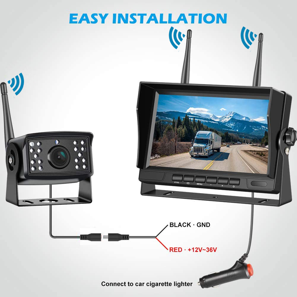 IPoster Digital Wireless Backup Camera Kit  IP69 Waterproof Rear View Camera and 7in Split/Quad Screen With DVR