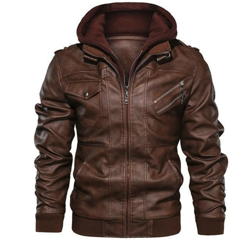 Autumn/Winter Men's Hooded PU Waterproof Leather Jacket Large Size Casual Leather Hiking Clothing Trend Young Motorcycle Wear