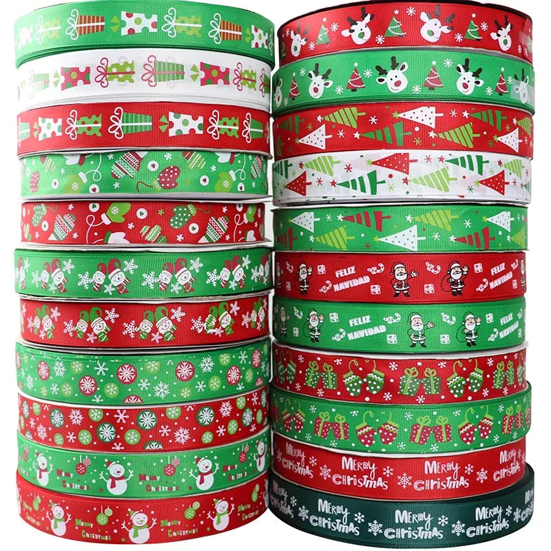 25mm 5 Yards Christmas Ribbon Printed Grosgrain Ribbon for Christmas Decoration Gift Wrapping Wedding Party DIY Hair Bows
