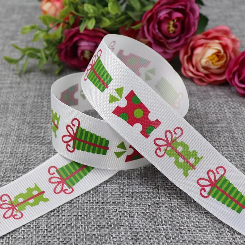 25mm 5 Yards Christmas Ribbon Printed Grosgrain Ribbon for Christmas Decoration Gift Wrapping Wedding Party DIY Hair Bows