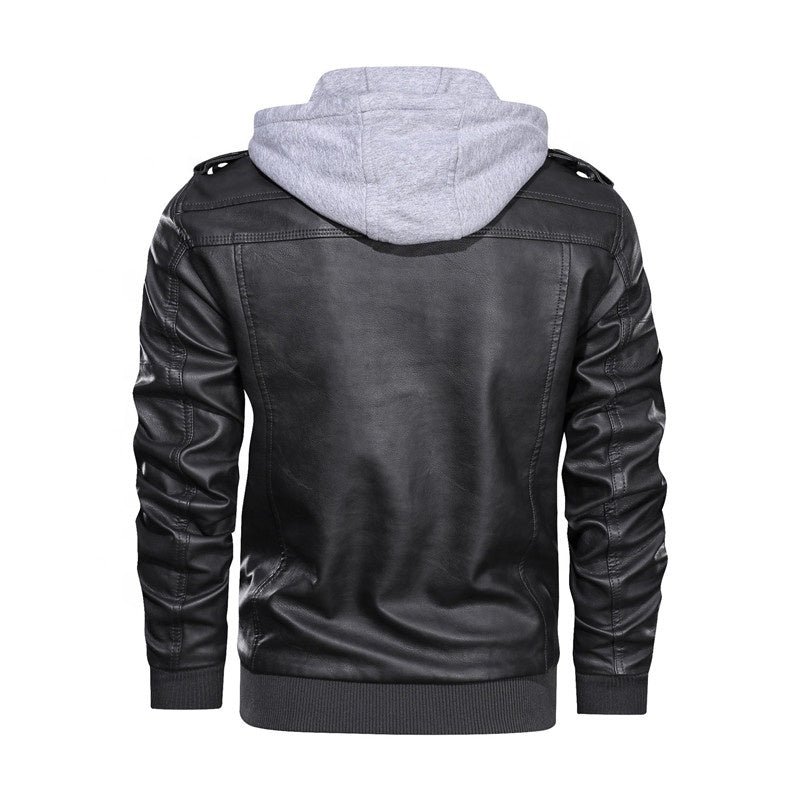 Autumn/Winter Men's Hooded PU Waterproof Leather Jacket Large Size Casual Leather Hiking Clothing Trend Young Motorcycle Wear