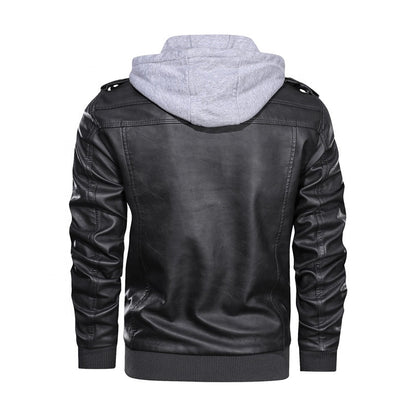 Autumn/Winter Men's Hooded PU Waterproof Leather Jacket Large Size Casual Leather Hiking Clothing Trend Young Motorcycle Wear