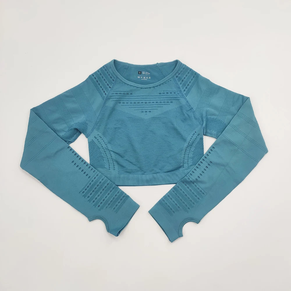 2021 New Women's Fitness T-Shirt Sport Crop Top Long Sleeve Layer Crew Neck Power Stretch  Yoga Crop Top Sexy Gym Clothing